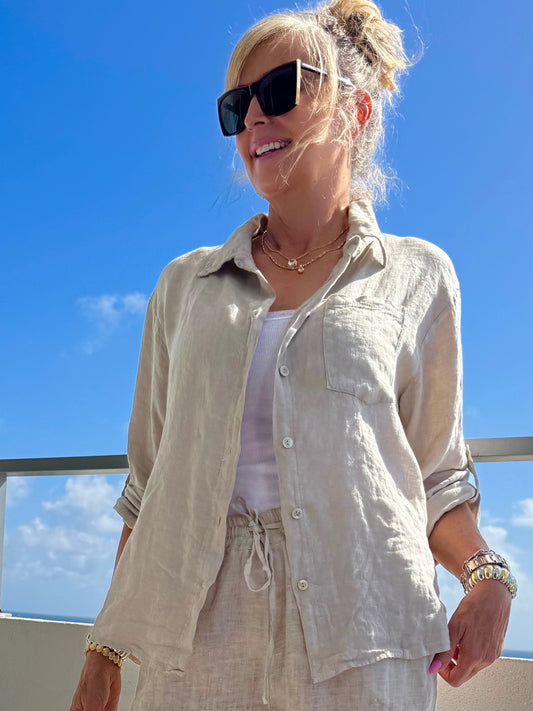 100% Linen Button-Up Collared Top | T312