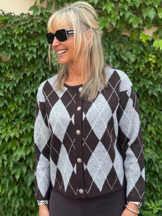 Cozy Argyle Button-Front Cardi | C234