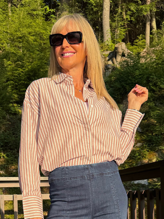 Rhinestone Detail Striped Blouse | R296