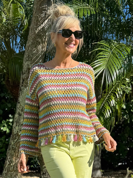 Crochet Knit Long Sleeve Top With Tassels Trim | T287