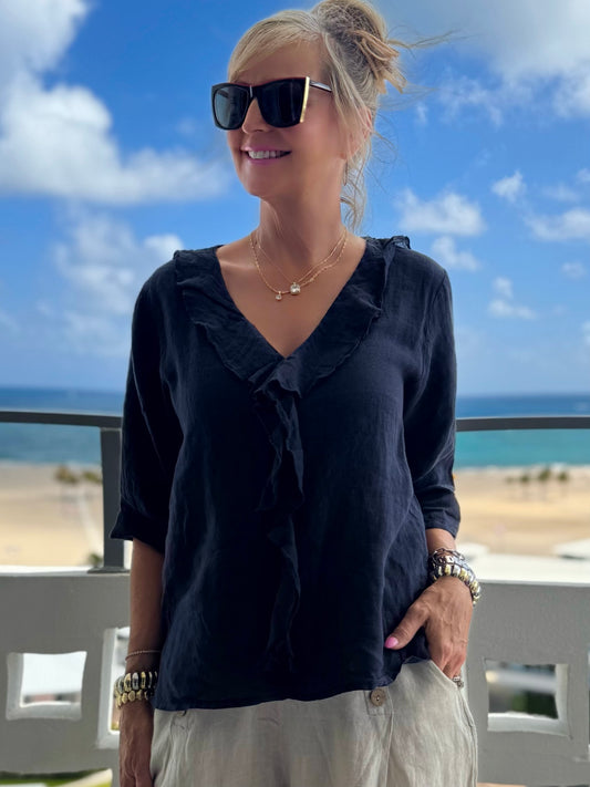 100% Linen Bella Ruffle Top | T313