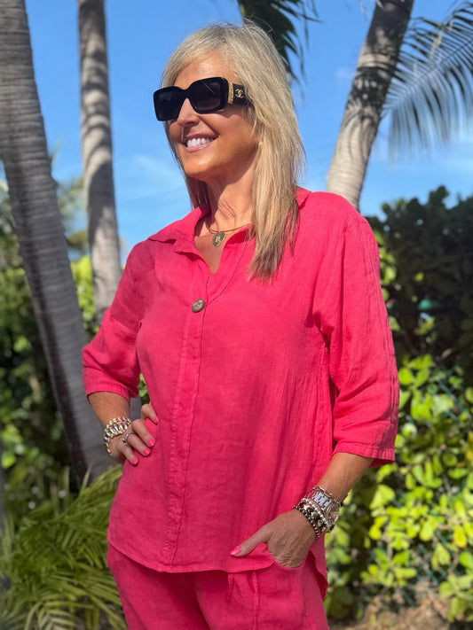 100% Linen One Button Detail Top | T314