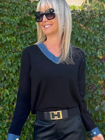 Knit Top With Denim V-Neck Detail | T374