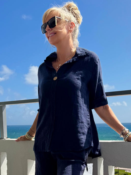 100% Linen One Button Detail Top | T314