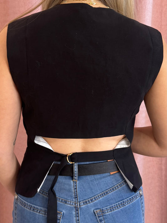 Classic Black Vest With Open Back | V211