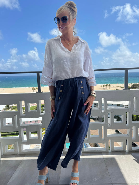 100% Linen Wide Leg Pant With Button Detail | PA270
