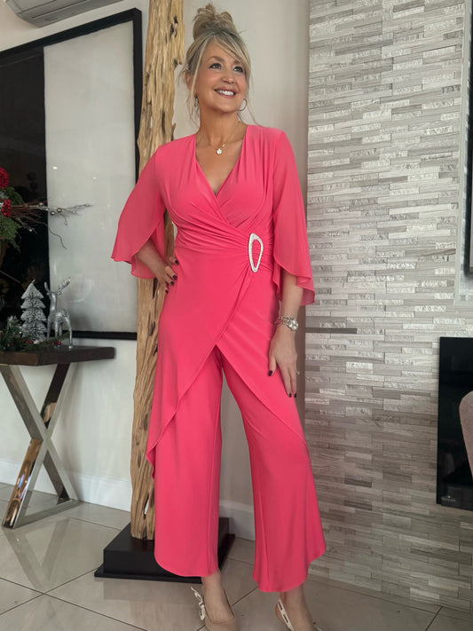 Silky Knit Culotte Jumpsuit With Chiffon Sleeves | R262