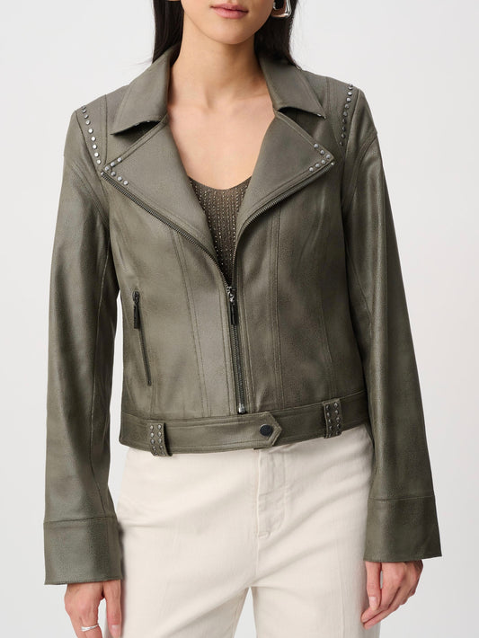 Faux Suede Biker Jacket With Silver Stone Detailing | R294