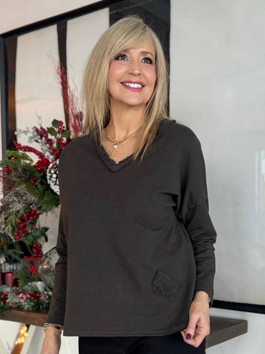 Raw Edge Italian Top With Heart Detail | T265