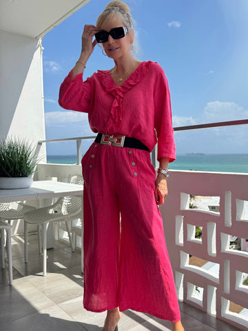 100% Linen Wide Leg Pant With Button Detail | PA270