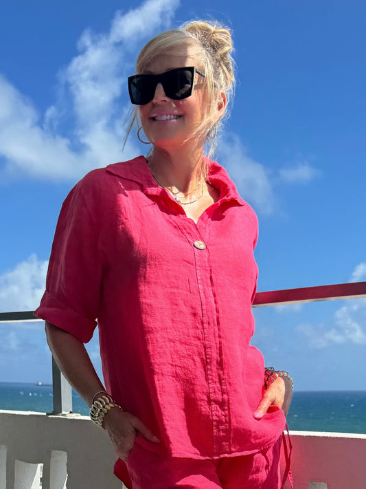 100% Linen One Button Detail Top | T314