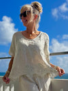 100% Linen Eyelet Top With Scalloped Edge | T315