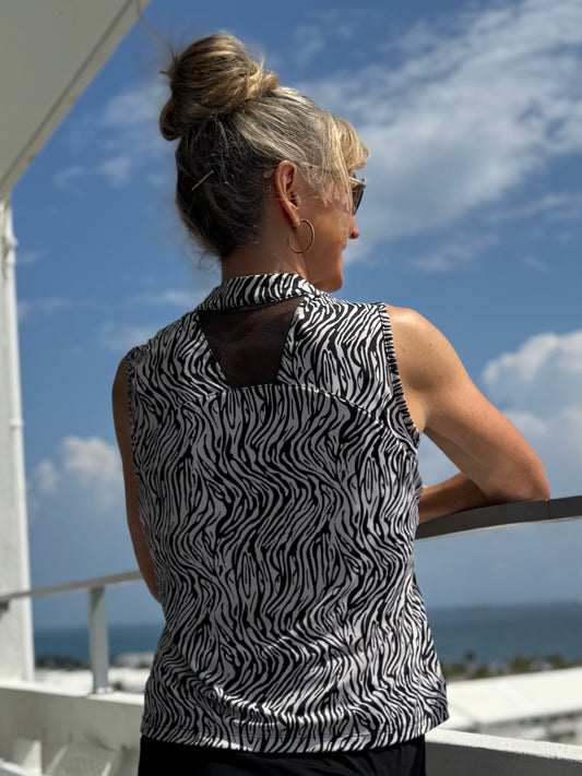 Zebra Sleeveless Zip Front Top | T234