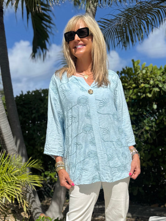 Floral Embroidered Sequin Top With Button Detail | T309