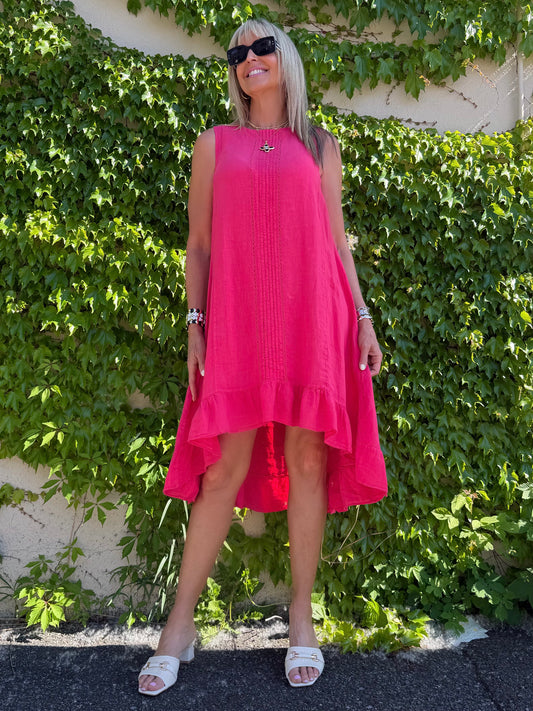 100% Linen Hi-Low Dress With Bow Detail | D255