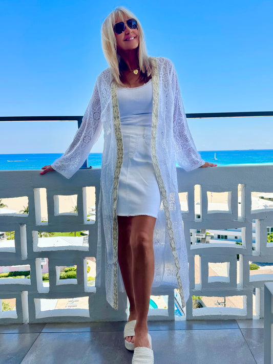 Elegant Lace Duster With Gold Trim | C228