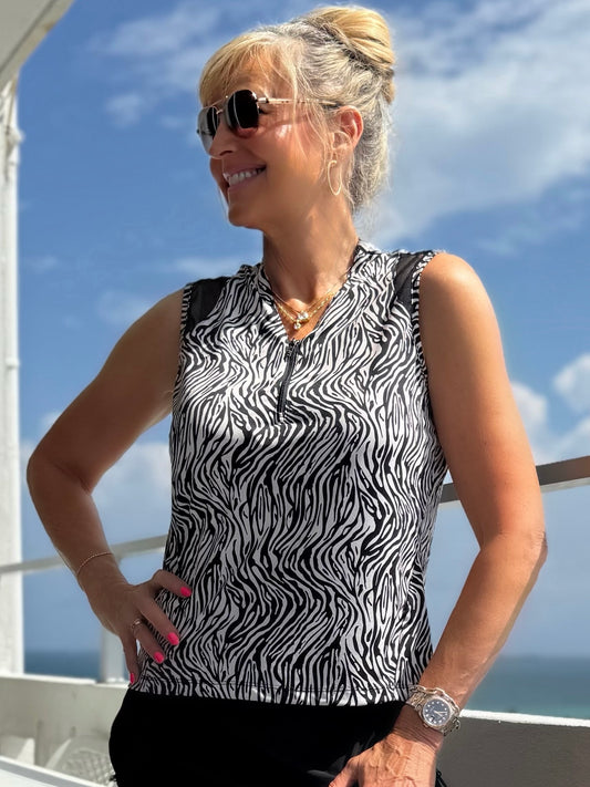 Zebra Sleeveless Zip Front Top | T234