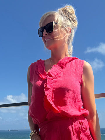 100% Linen Italian Ruffle Sleeveless Top | T311