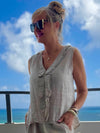 100% Linen Italian Ruffle Sleeveless Top | T311