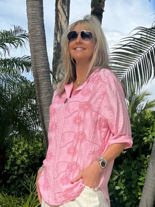 Floral Embroidered Sequin Top With Button Detail | T309