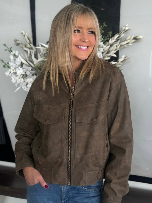 Vegan Leather Distressed Style Bomber Jacket | JK226