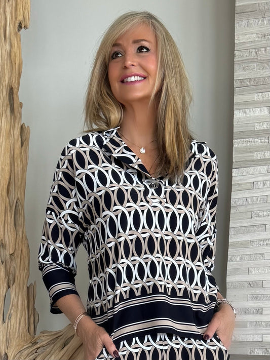 Woven Geometric Print Boxy Top With Shirt Collar | R266