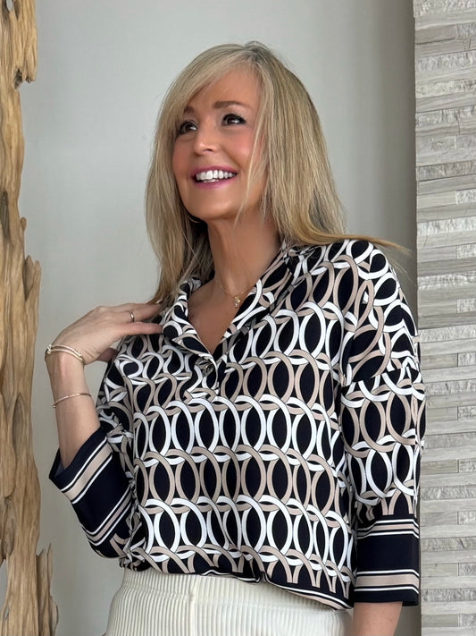 Woven Geometric Print Boxy Top With Shirt Collar | R266