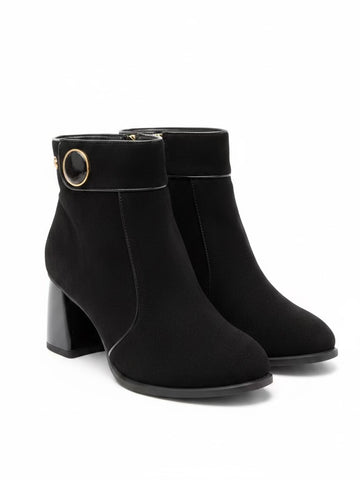 Black Suede Booties With Gold Buckle | B201