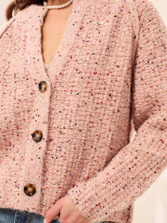 Sequined Button Front Notch Neck Cardigan | C237