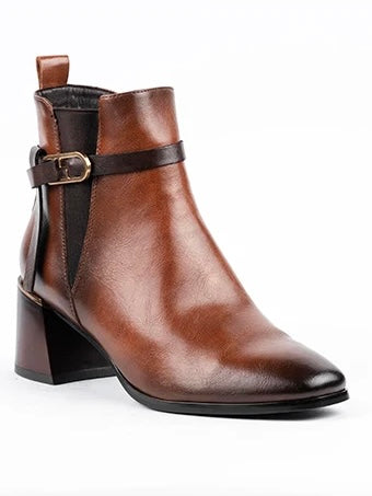 Brown Faux Leather Buckle Detail Booties | BT214