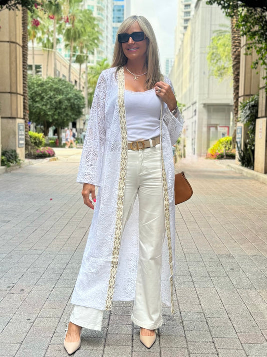 Elegant Lace Duster With Gold Trim | C228