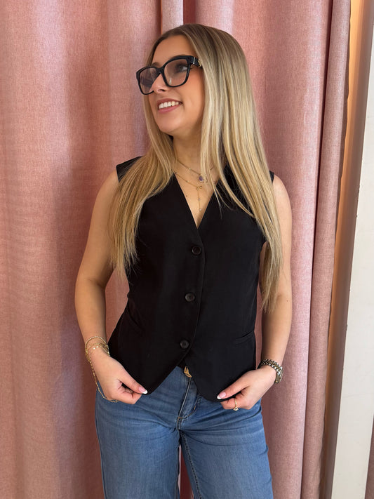 Classic Black Vest With Open Back | V211
