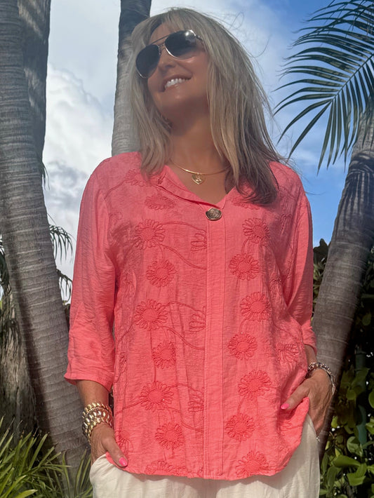 Floral Embroidered Sequin Top With Button Detail | T309