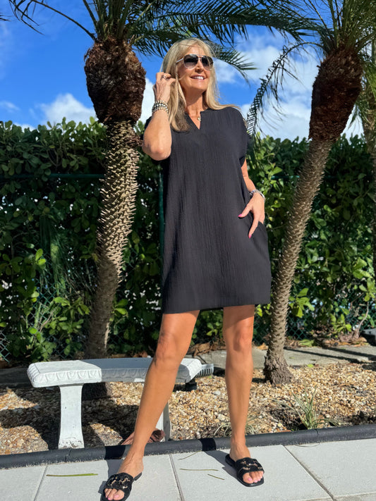 Textured Short Sleeve Shift Dress | D241