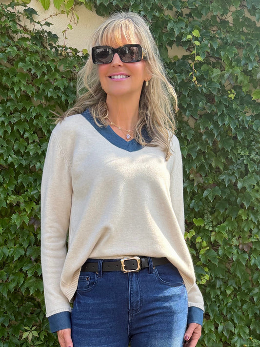 Super Soft V-Neck Denim Knit Sweater | T373