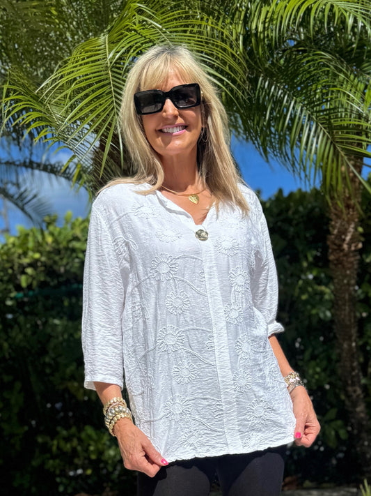 Floral Embroidered Sequin Top With Button Detail | T309