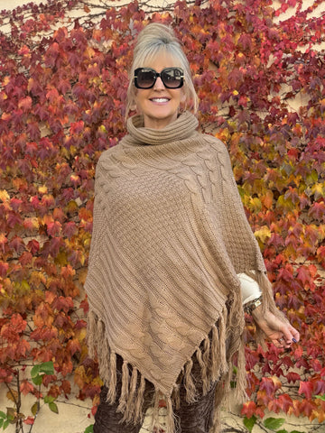 Cable Knit Poncho With Fringe | P203