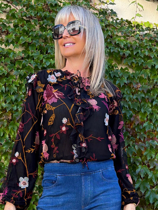 Embroidered Blouse With Frill Detail | T387