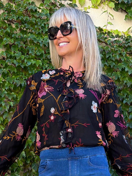 Embroidered Blouse With Frill Detail | T387