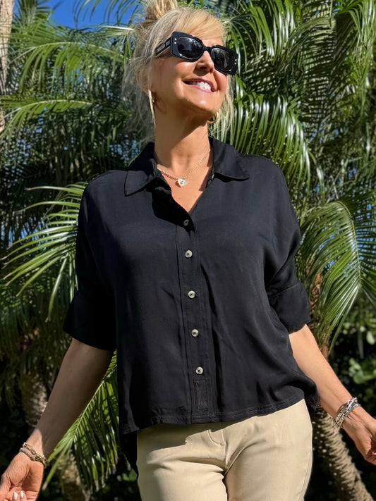 Elbow Sleeve Button Front Blouse | T283