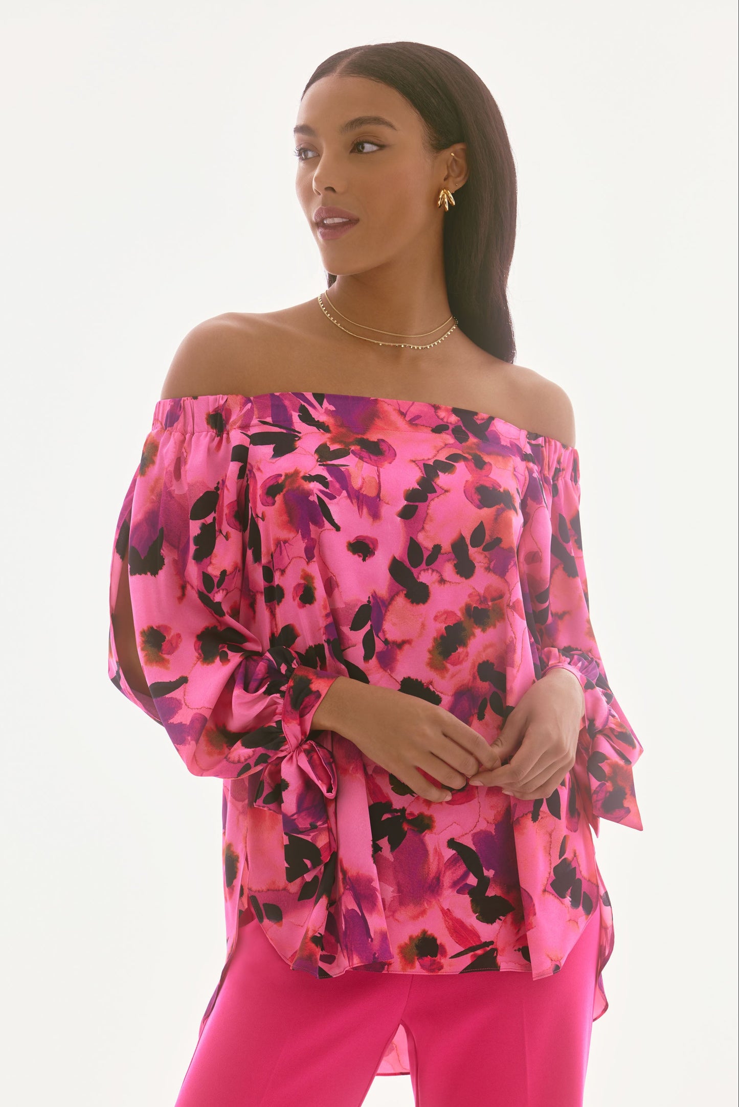 Satin Floral Print Off-Shoulder Top | R836